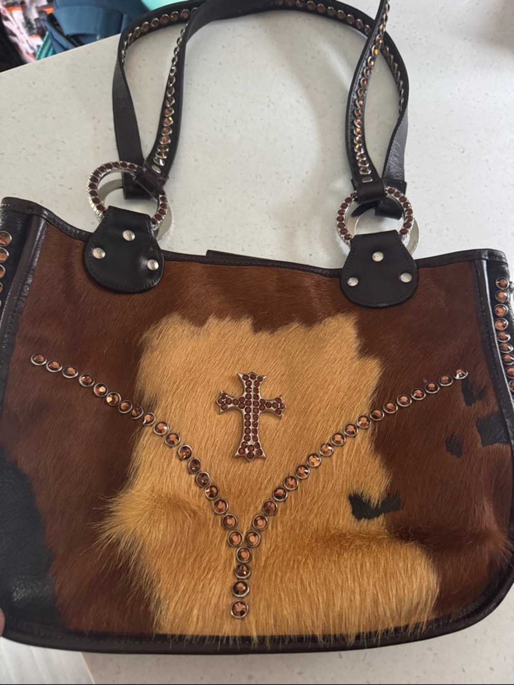 Brown Hair-On-Hide Tote with Studded Cross Accent